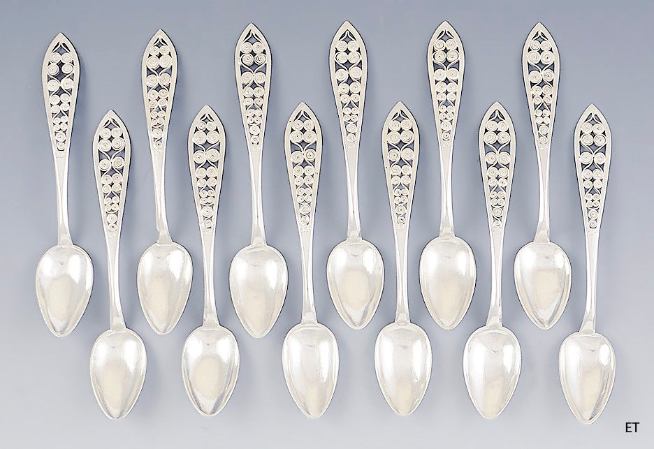 1820-1850's Exquisite Set 12 Russian Silver Quilled Wire Filigree Spoons