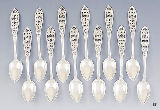 1820-1850's Exquisite Set 12 Russian Silver Quilled Wire Filigree Spoons