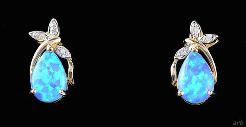 Gorgeous Pair of Ornate 10k Yellow Gold Diamond Lab Created Opal Stud Earrings
