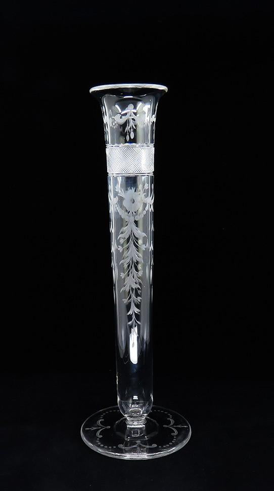 Antique c1910 Tuthill American Crystal Glass Tall Etched Trumpet Flower Vase