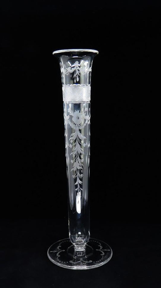 Antique c1910 Tuthill American Crystal Glass Tall Etched Trumpet Flower Vase