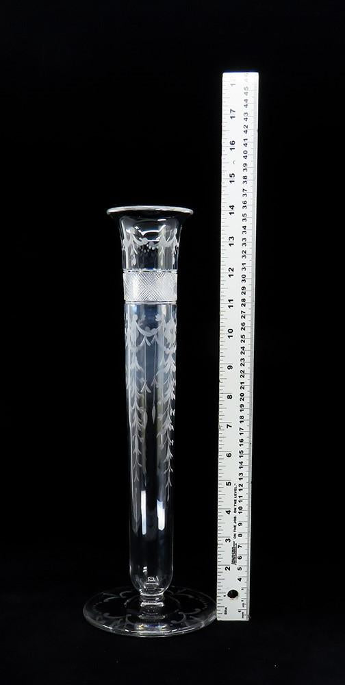 Antique c1910 Tuthill American Crystal Glass Tall Etched Trumpet Flower Vase