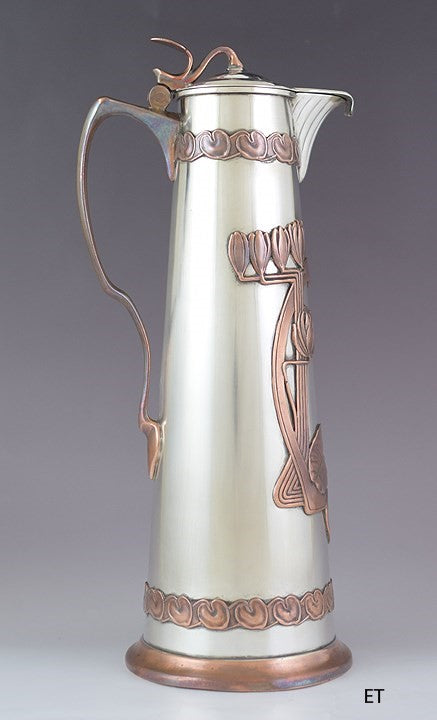 c1915 Stunning Russian Silver Copper Overlay Art Nouveau Ewer / Pitcher 13"