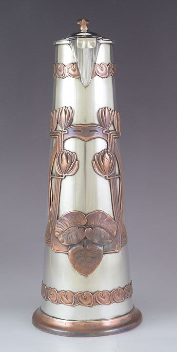 c1915 Stunning Russian Silver Copper Overlay Art Nouveau Ewer / Pitcher 13"