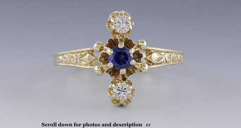 High End Modern 14K Yellow Gold Blue Sapphire & Diamond Ring Size 11.5