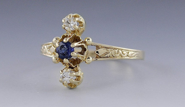 High End Modern 14K Yellow Gold Blue Sapphire & Diamond Ring Size 11.5
