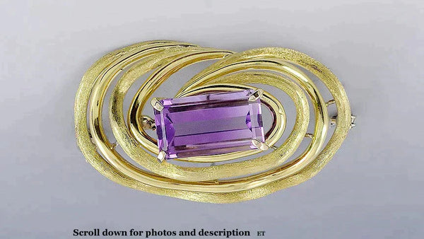 Italian 18k Yellow Gold Purple Amethyst Brooch Pin