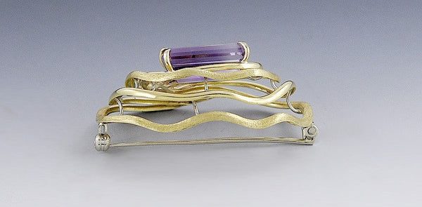 Italian 18k Yellow Gold Purple Amethyst Brooch Pin