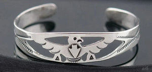 Small Size Vintage Sterling Silver Pierced Cuff Bracelet with Thunderbird Design