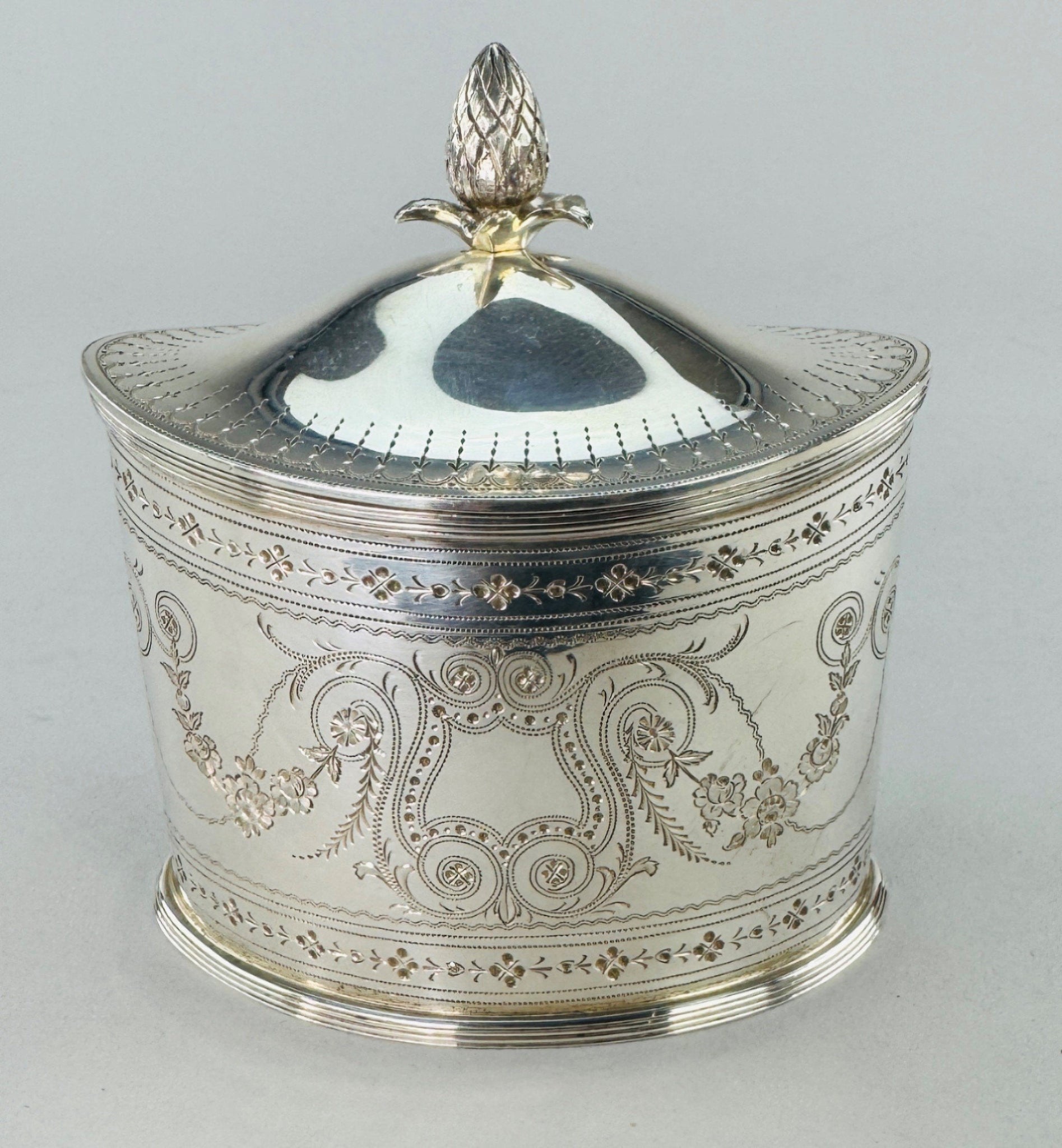 c1910 American Sterling Silver Hand Engraved Chased Sugar Bowl Tea Caddy