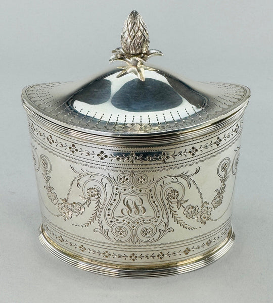 c1910 American Sterling Silver Hand Engraved Chased Sugar Bowl Tea Caddy