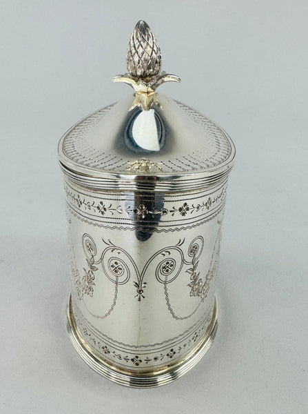 c1910 American Sterling Silver Hand Engraved Chased Sugar Bowl Tea Caddy