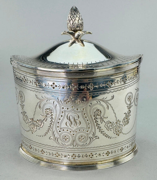 c1910 American Sterling Silver Hand Engraved Chased Sugar Bowl Tea Caddy