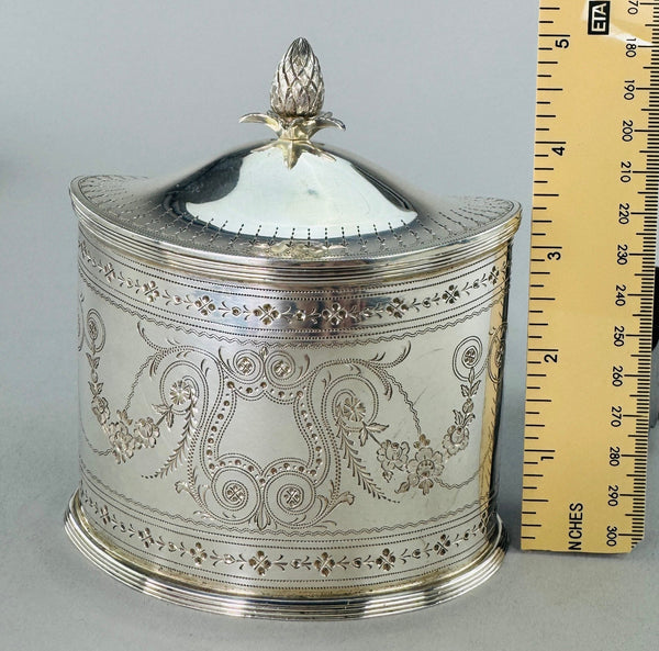 c1910 American Sterling Silver Hand Engraved Chased Sugar Bowl Tea Caddy