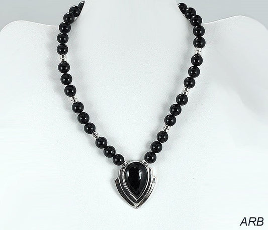 Vintage-Style Sleek Black Onyx and Sterling Silver Pendant Necklace, 16 in.