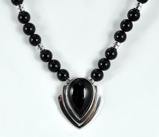 Vintage-Style Sleek Black Onyx and Sterling Silver Pendant Necklace, 16 in.