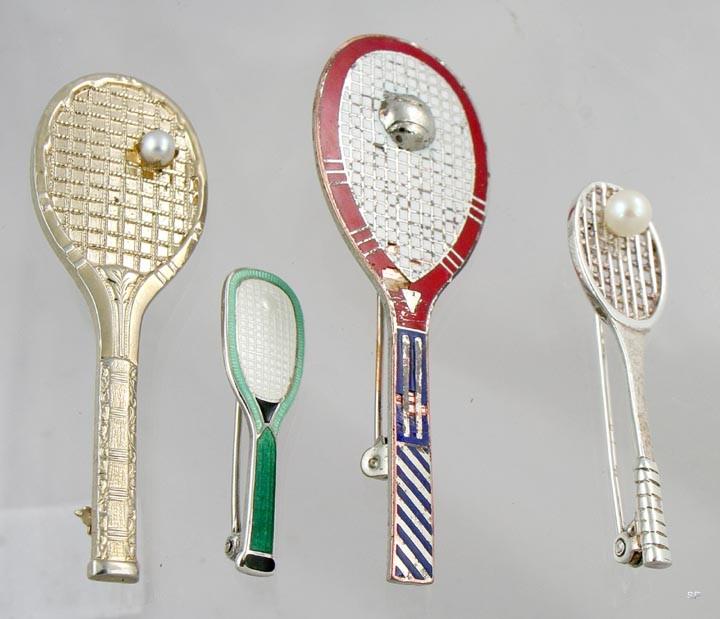 4 Vintage Enameled Sterling Costume Tennis Racquet Pins