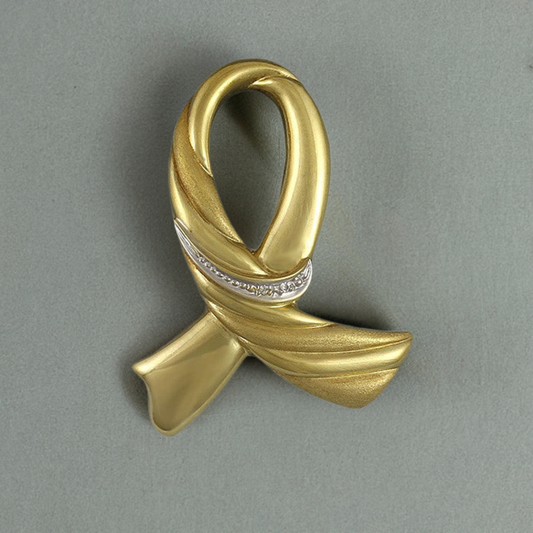 Delightful German 14K Yellow Gold Diamond Ribbon Brooch