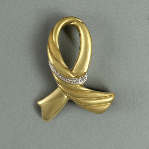 Delightful German 14K Yellow Gold Diamond Ribbon Brooch