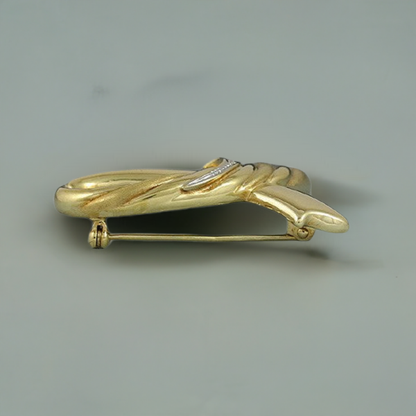 Delightful German 14K Yellow Gold Diamond Ribbon Brooch