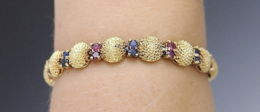 Neat 14K Yellow Gold Sapphire & Ruby Textured Dome Bracelet