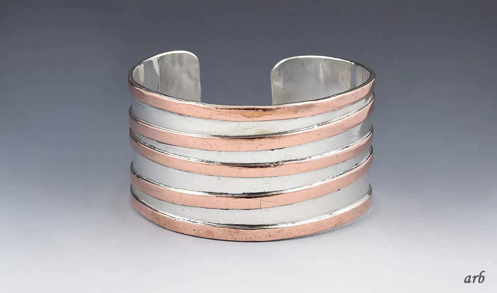 Very Attractive Italian Made Sterling Silver and Copper Wide Cuff Bracelet