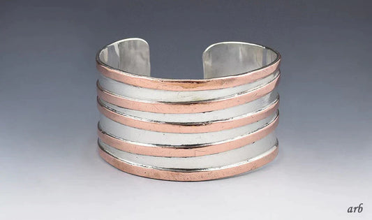 Very Attractive Italian Made Sterling Silver and Copper Wide Cuff Bracelet