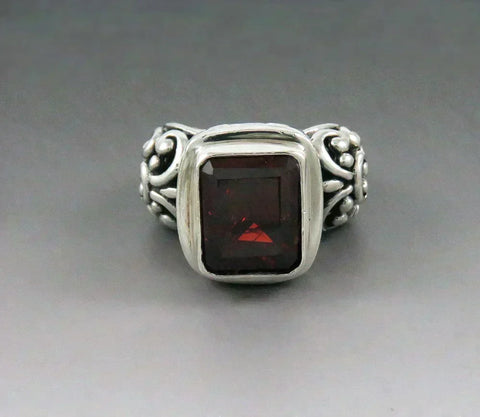 Striking Contemporary Sterling Silver Red Garnet Filigree Ring