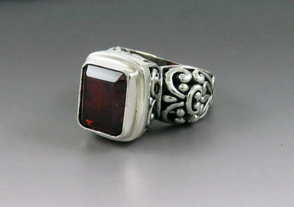 Striking Contemporary Sterling Silver Red Garnet Filigree Ring