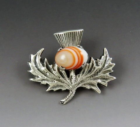 Handsome 1967 Scottish Sterling Silver Agate Thistle Pin Brooch Robert Allison