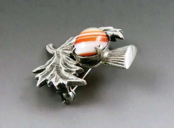 Handsome 1967 Scottish Sterling Silver Agate Thistle Pin Brooch Robert Allison