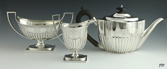 3pc Antique English Georgian Sterling Silver Ribbed Tea Creamer Sugar Set