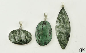 3 Genuine Stone Sterling Silver Pendants Green Striated Seraphinite, Anyolite