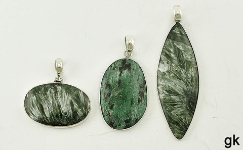 3 Genuine Stone Sterling Silver Pendants Green Striated Seraphinite, Anyolite