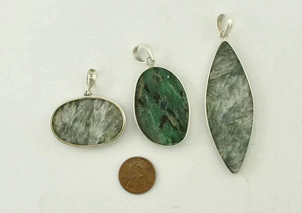 3 Genuine Stone Sterling Silver Pendants Green Striated Seraphinite, Anyolite