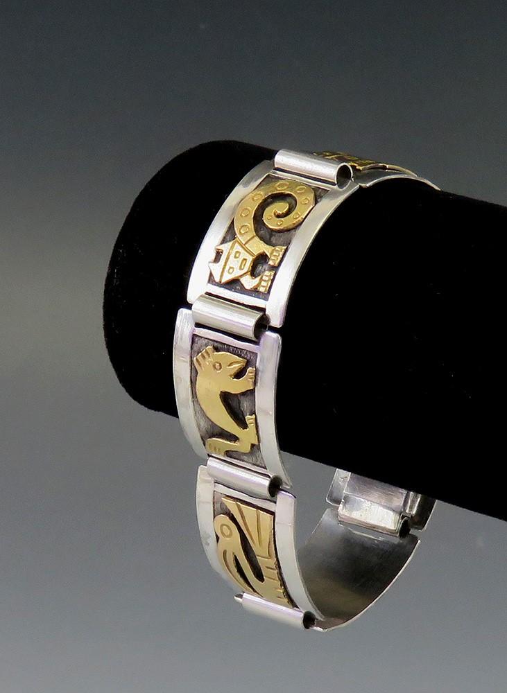 Stylish Peru Sterling Silver 18k Yellow Gold Inca Tribal Animals Bracelet