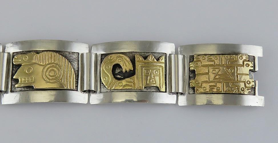 Stylish Peru Sterling Silver 18k Yellow Gold Inca Tribal Animals Bracelet
