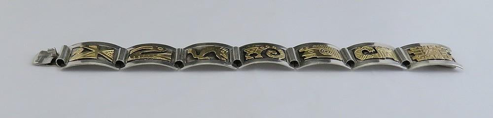 Stylish Peru Sterling Silver 18k Yellow Gold Inca Tribal Animals Bracelet