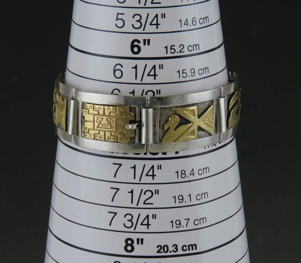 Stylish Peru Sterling Silver 18k Yellow Gold Inca Tribal Animals Bracelet