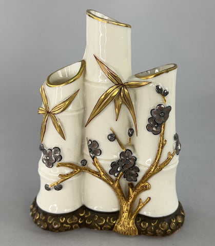Superb 1878 Royal Worcester Aesthetic Mvmt Bamboo Cherry Blossom Triple Bud Vase