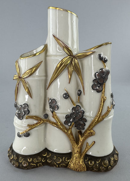 Superb 1878 Royal Worcester Aesthetic Mvmt Bamboo Cherry Blossom Triple Bud Vase