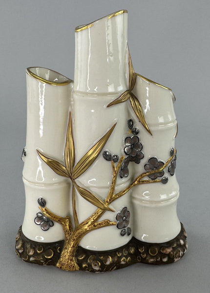 Superb 1878 Royal Worcester Aesthetic Mvmt Bamboo Cherry Blossom Triple Bud Vase