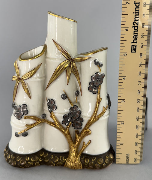 Superb 1878 Royal Worcester Aesthetic Mvmt Bamboo Cherry Blossom Triple Bud Vase