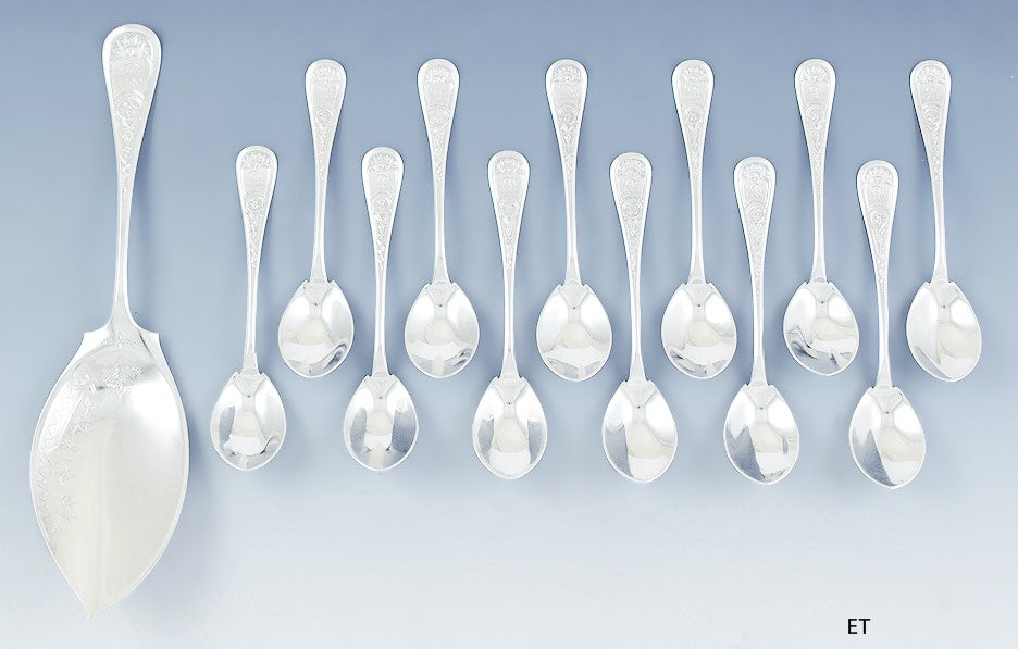 Antique 1800s Rare Tiffany & Co 13pc Sterling Silver Ice Cream Server 12 Spoons