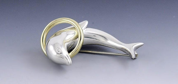 Adorable 18k Gold Sterling Tiffany Co Dolphin Leaping Through Hoop Pin Brooch