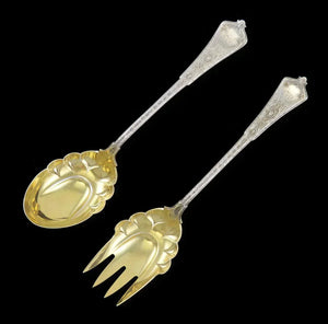 Antique Gilded Sterling Silver Tiffany Persian 1872 Salad Fork Spoon Servers
