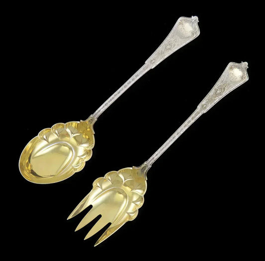 Antique Gilded Sterling Silver Tiffany Persian 1872 Salad Fork Spoon Servers