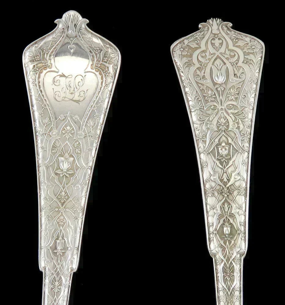 Antique Gilded Sterling Silver Tiffany Persian 1872 Salad Fork Spoon Servers