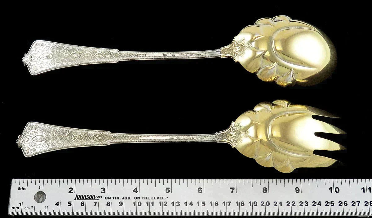 Antique Gilded Sterling Silver Tiffany Persian 1872 Salad Fork Spoon Servers