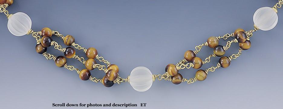 Fabulous Italian 18k Yellow Gold & Tiger Eye Bead Necklace